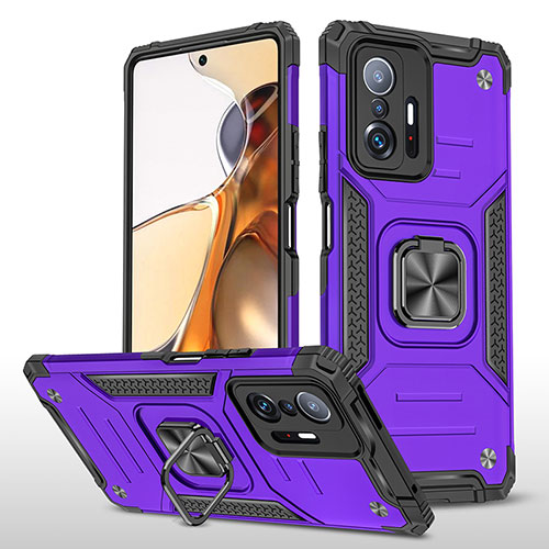 Silicone Matte Finish and Plastic Back Cover Case with Magnetic Finger Ring Stand MQ1 for Xiaomi Mi 11T Pro 5G Purple