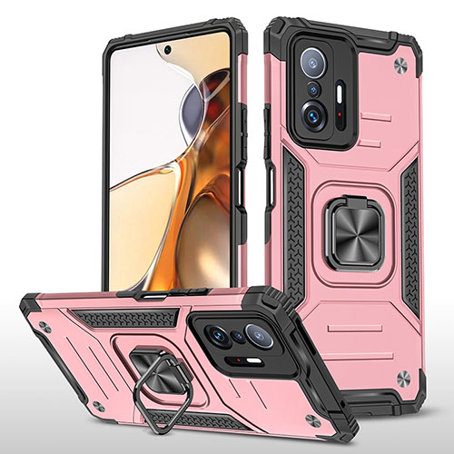 Silicone Matte Finish and Plastic Back Cover Case with Magnetic Finger Ring Stand MQ1 for Xiaomi Mi 11T Pro 5G Rose Gold