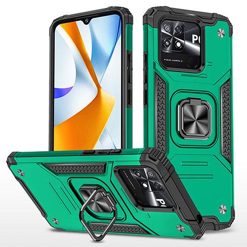 Silicone Matte Finish and Plastic Back Cover Case with Magnetic Finger Ring Stand MQ1 for Xiaomi Poco C40 Midnight Green