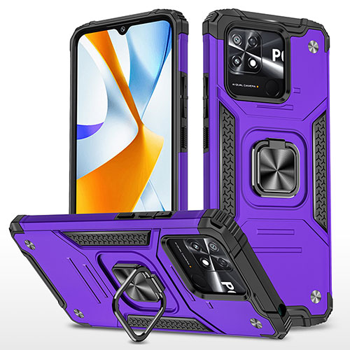 Silicone Matte Finish and Plastic Back Cover Case with Magnetic Finger Ring Stand MQ1 for Xiaomi Poco C40 Purple