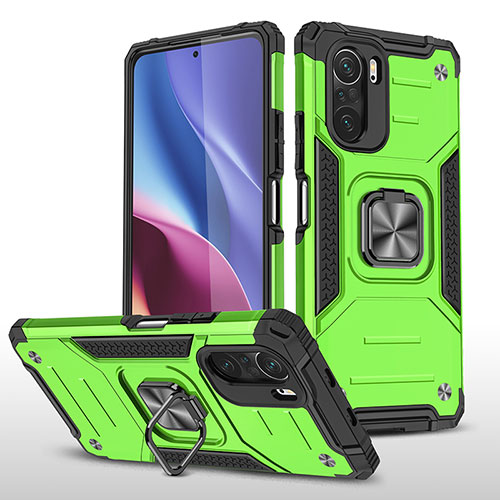 Silicone Matte Finish and Plastic Back Cover Case with Magnetic Finger Ring Stand MQ1 for Xiaomi Poco F3 5G Green