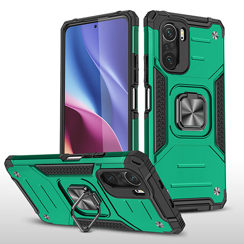 Silicone Matte Finish and Plastic Back Cover Case with Magnetic Finger Ring Stand MQ1 for Xiaomi Poco F3 5G Midnight Green