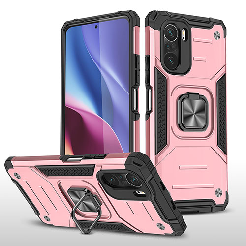 Silicone Matte Finish and Plastic Back Cover Case with Magnetic Finger Ring Stand MQ1 for Xiaomi Poco F3 5G Rose Gold