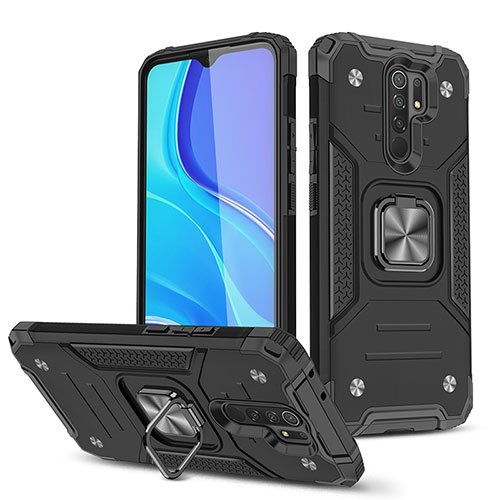 Silicone Matte Finish and Plastic Back Cover Case with Magnetic Finger Ring Stand MQ1 for Xiaomi Poco M2 Black