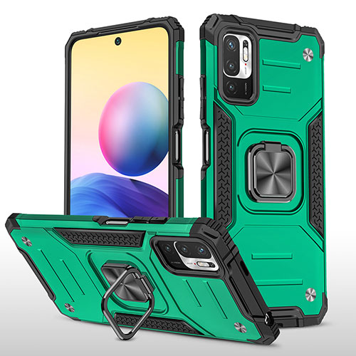 Silicone Matte Finish and Plastic Back Cover Case with Magnetic Finger Ring Stand MQ1 for Xiaomi POCO M3 Pro 5G Midnight Green