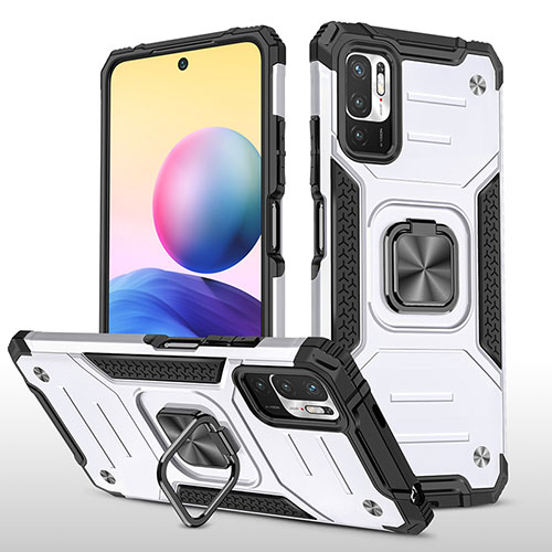 Silicone Matte Finish and Plastic Back Cover Case with Magnetic Finger Ring Stand MQ1 for Xiaomi POCO M3 Pro 5G Silver