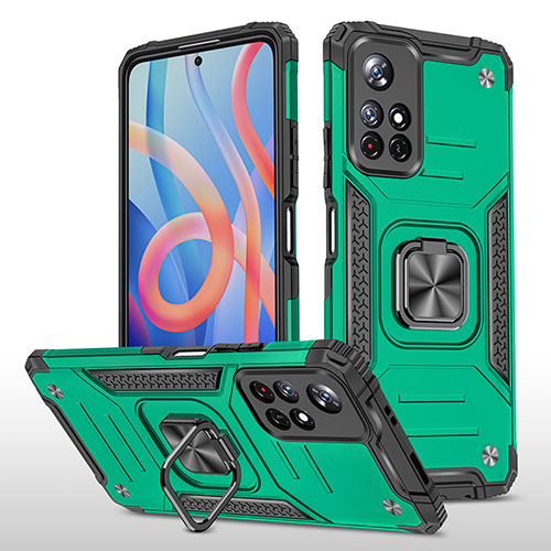 Silicone Matte Finish and Plastic Back Cover Case with Magnetic Finger Ring Stand MQ1 for Xiaomi Poco M4 Pro 5G Midnight Green