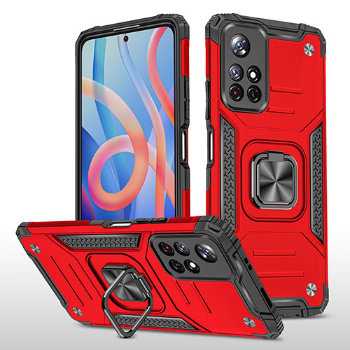 Silicone Matte Finish and Plastic Back Cover Case with Magnetic Finger Ring Stand MQ1 for Xiaomi Poco M4 Pro 5G Red