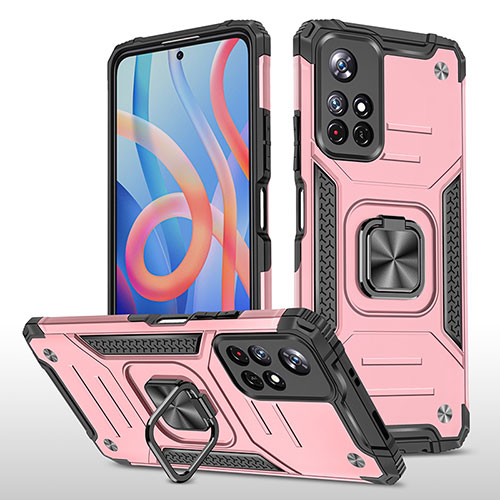 Silicone Matte Finish and Plastic Back Cover Case with Magnetic Finger Ring Stand MQ1 for Xiaomi Poco M4 Pro 5G Rose Gold