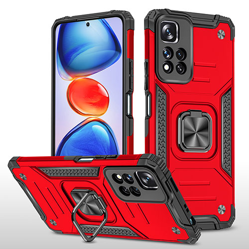 Silicone Matte Finish and Plastic Back Cover Case with Magnetic Finger Ring Stand MQ1 for Xiaomi Poco X4 NFC Red