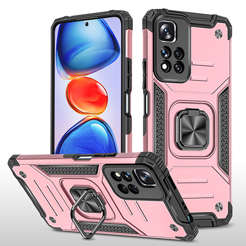 Silicone Matte Finish and Plastic Back Cover Case with Magnetic Finger Ring Stand MQ1 for Xiaomi Poco X4 NFC Rose Gold
