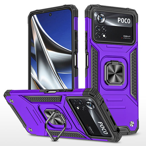 Silicone Matte Finish and Plastic Back Cover Case with Magnetic Finger Ring Stand MQ1 for Xiaomi Poco X4 Pro 5G Purple