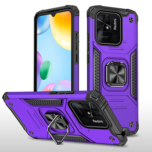 Silicone Matte Finish and Plastic Back Cover Case with Magnetic Finger Ring Stand MQ1 for Xiaomi Redmi 10C 4G Purple