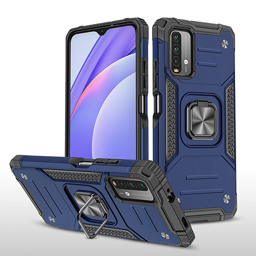 Silicone Matte Finish and Plastic Back Cover Case with Magnetic Finger Ring Stand MQ1 for Xiaomi Redmi 9 Power Blue