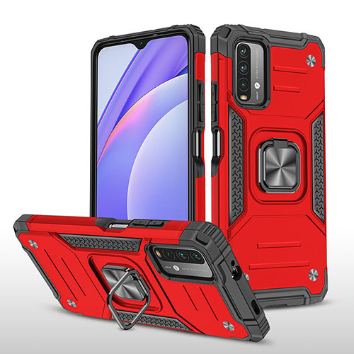 Silicone Matte Finish and Plastic Back Cover Case with Magnetic Finger Ring Stand MQ1 for Xiaomi Redmi 9 Power Red