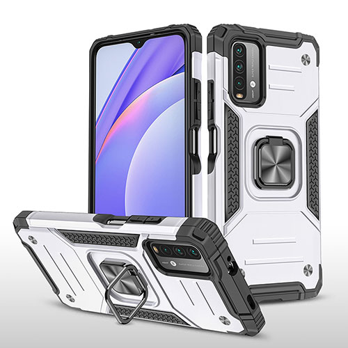 Silicone Matte Finish and Plastic Back Cover Case with Magnetic Finger Ring Stand MQ1 for Xiaomi Redmi 9 Power Silver