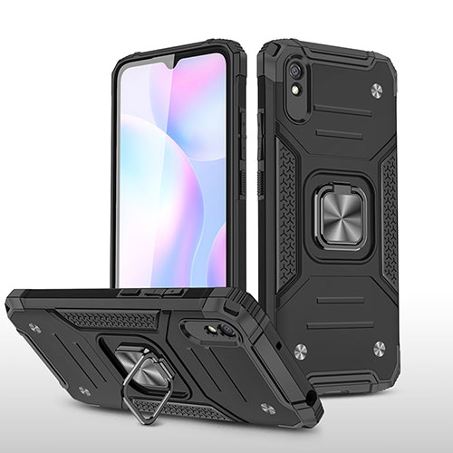 Silicone Matte Finish and Plastic Back Cover Case with Magnetic Finger Ring Stand MQ1 for Xiaomi Redmi 9i Black