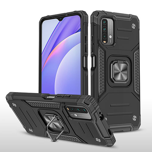 Silicone Matte Finish and Plastic Back Cover Case with Magnetic Finger Ring Stand MQ1 for Xiaomi Redmi 9T 4G Black