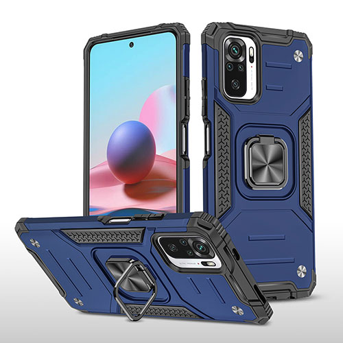 Silicone Matte Finish and Plastic Back Cover Case with Magnetic Finger Ring Stand MQ1 for Xiaomi Redmi Note 10 4G Blue