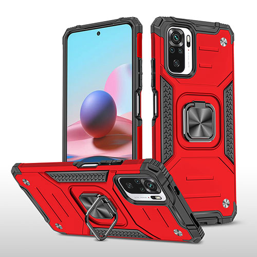 Silicone Matte Finish and Plastic Back Cover Case with Magnetic Finger Ring Stand MQ1 for Xiaomi Redmi Note 10 4G Red