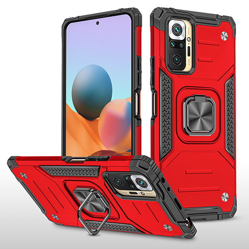 Silicone Matte Finish and Plastic Back Cover Case with Magnetic Finger Ring Stand MQ1 for Xiaomi Redmi Note 10 Pro 4G Red