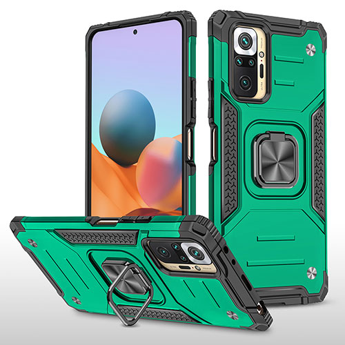 Silicone Matte Finish and Plastic Back Cover Case with Magnetic Finger Ring Stand MQ1 for Xiaomi Redmi Note 10 Pro Max Midnight Green