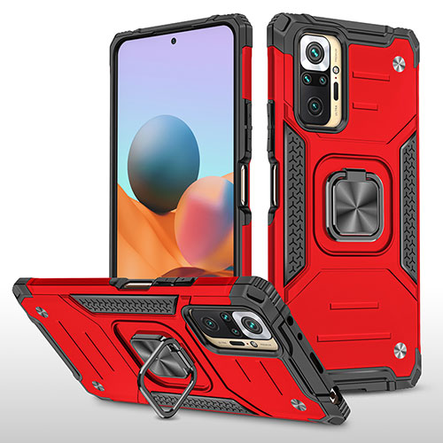 Silicone Matte Finish and Plastic Back Cover Case with Magnetic Finger Ring Stand MQ1 for Xiaomi Redmi Note 10 Pro Max Red