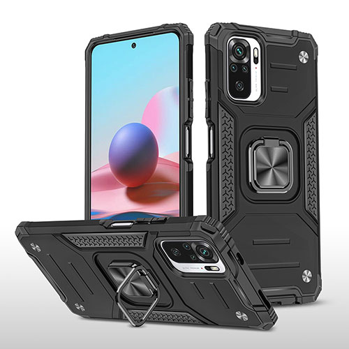 Silicone Matte Finish and Plastic Back Cover Case with Magnetic Finger Ring Stand MQ1 for Xiaomi Redmi Note 10S 4G Black