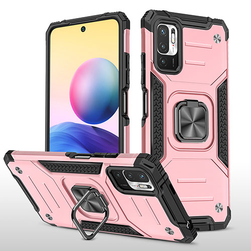 Silicone Matte Finish and Plastic Back Cover Case with Magnetic Finger Ring Stand MQ1 for Xiaomi Redmi Note 10T 5G Rose Gold