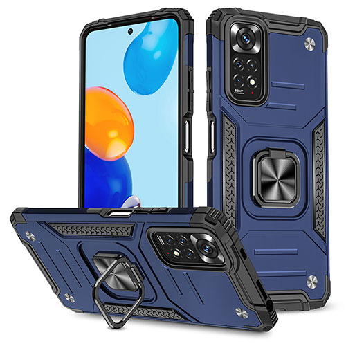 Silicone Matte Finish and Plastic Back Cover Case with Magnetic Finger Ring Stand MQ1 for Xiaomi Redmi Note 11 4G (2022) Blue