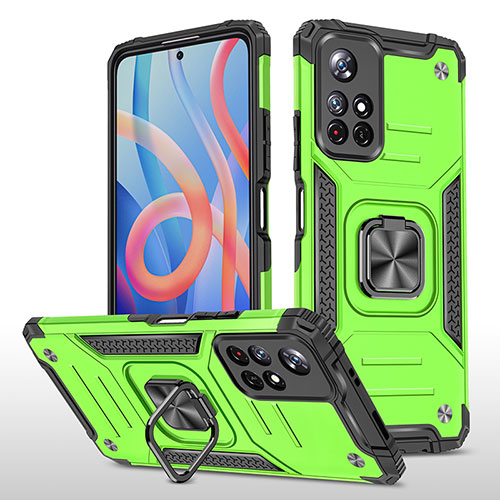 Silicone Matte Finish and Plastic Back Cover Case with Magnetic Finger Ring Stand MQ1 for Xiaomi Redmi Note 11 5G Green