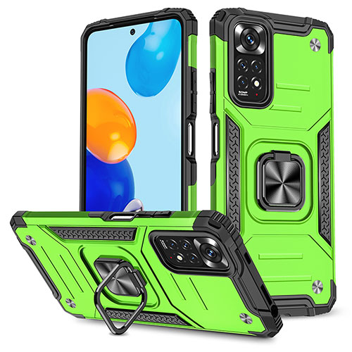 Silicone Matte Finish and Plastic Back Cover Case with Magnetic Finger Ring Stand MQ1 for Xiaomi Redmi Note 11S 4G Green