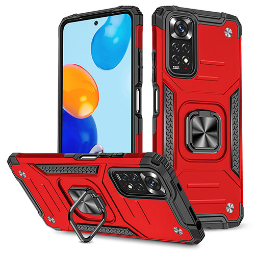 Silicone Matte Finish and Plastic Back Cover Case with Magnetic Finger Ring Stand MQ1 for Xiaomi Redmi Note 11S 4G Red