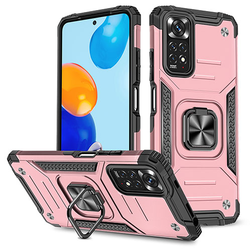 Silicone Matte Finish and Plastic Back Cover Case with Magnetic Finger Ring Stand MQ1 for Xiaomi Redmi Note 11S 4G Rose Gold