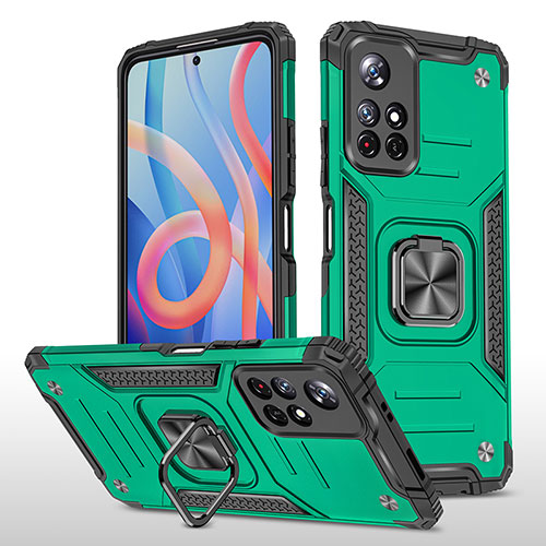 Silicone Matte Finish and Plastic Back Cover Case with Magnetic Finger Ring Stand MQ1 for Xiaomi Redmi Note 11T 5G Midnight Green