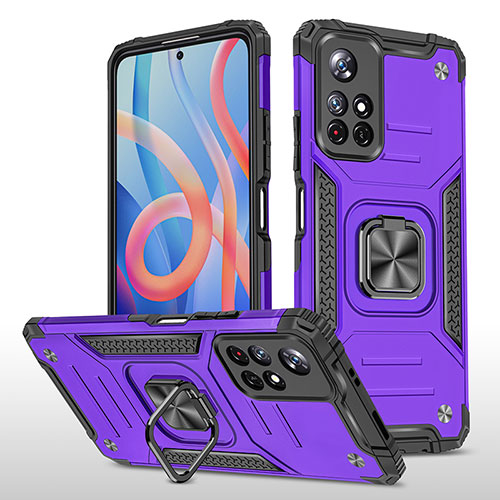Silicone Matte Finish and Plastic Back Cover Case with Magnetic Finger Ring Stand MQ1 for Xiaomi Redmi Note 11T 5G Purple