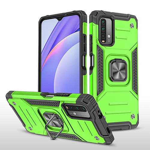 Silicone Matte Finish and Plastic Back Cover Case with Magnetic Finger Ring Stand MQ1 for Xiaomi Redmi Note 9 4G Green