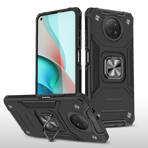 Silicone Matte Finish and Plastic Back Cover Case with Magnetic Finger Ring Stand MQ1 for Xiaomi Redmi Note 9 5G Black