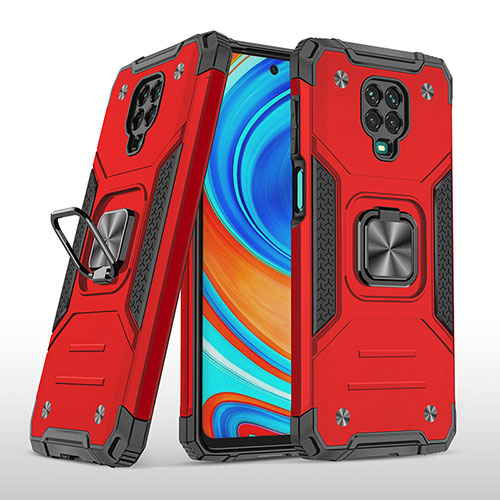 Silicone Matte Finish and Plastic Back Cover Case with Magnetic Finger Ring Stand MQ1 for Xiaomi Redmi Note 9S Red