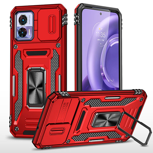 Silicone Matte Finish and Plastic Back Cover Case with Magnetic Finger Ring Stand MQ2 for Motorola Moto Edge 30 Neo 5G Red