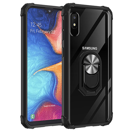 Silicone Matte Finish and Plastic Back Cover Case with Magnetic Finger Ring Stand MQ2 for Samsung Galaxy A10e Silver and Black