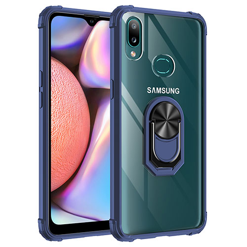 Silicone Matte Finish and Plastic Back Cover Case with Magnetic Finger Ring Stand MQ2 for Samsung Galaxy A10s Blue