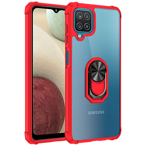 Silicone Matte Finish and Plastic Back Cover Case with Magnetic Finger Ring Stand MQ2 for Samsung Galaxy A12 Red