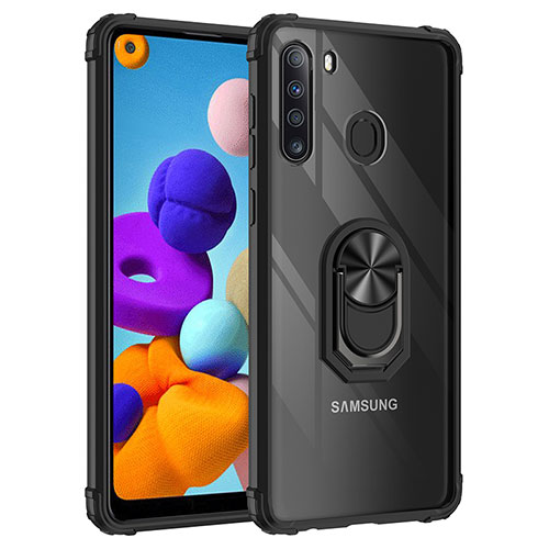 Silicone Matte Finish and Plastic Back Cover Case with Magnetic Finger Ring Stand MQ2 for Samsung Galaxy A21 Black