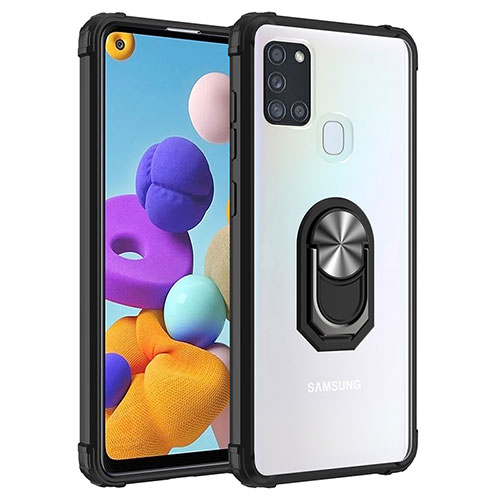 Silicone Matte Finish and Plastic Back Cover Case with Magnetic Finger Ring Stand MQ2 for Samsung Galaxy A21s Silver and Black