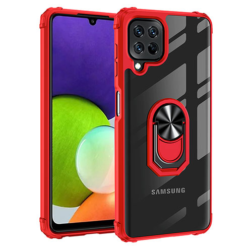 Silicone Matte Finish and Plastic Back Cover Case with Magnetic Finger Ring Stand MQ2 for Samsung Galaxy A22 4G Red