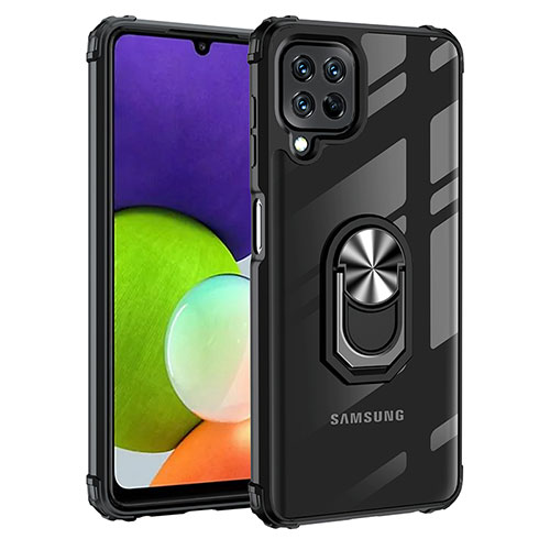 Silicone Matte Finish and Plastic Back Cover Case with Magnetic Finger Ring Stand MQ2 for Samsung Galaxy A22 4G Silver and Black