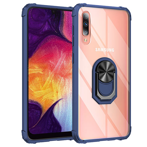 Silicone Matte Finish and Plastic Back Cover Case with Magnetic Finger Ring Stand MQ2 for Samsung Galaxy A30S Blue