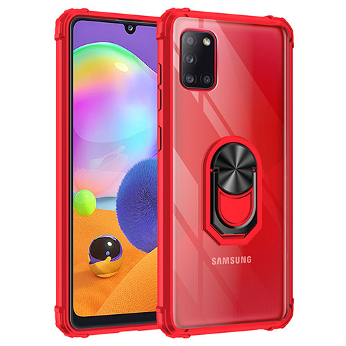 Silicone Matte Finish and Plastic Back Cover Case with Magnetic Finger Ring Stand MQ2 for Samsung Galaxy A31 Red