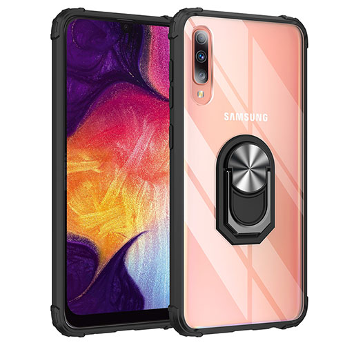 Silicone Matte Finish and Plastic Back Cover Case with Magnetic Finger Ring Stand MQ2 for Samsung Galaxy A50 Silver and Black